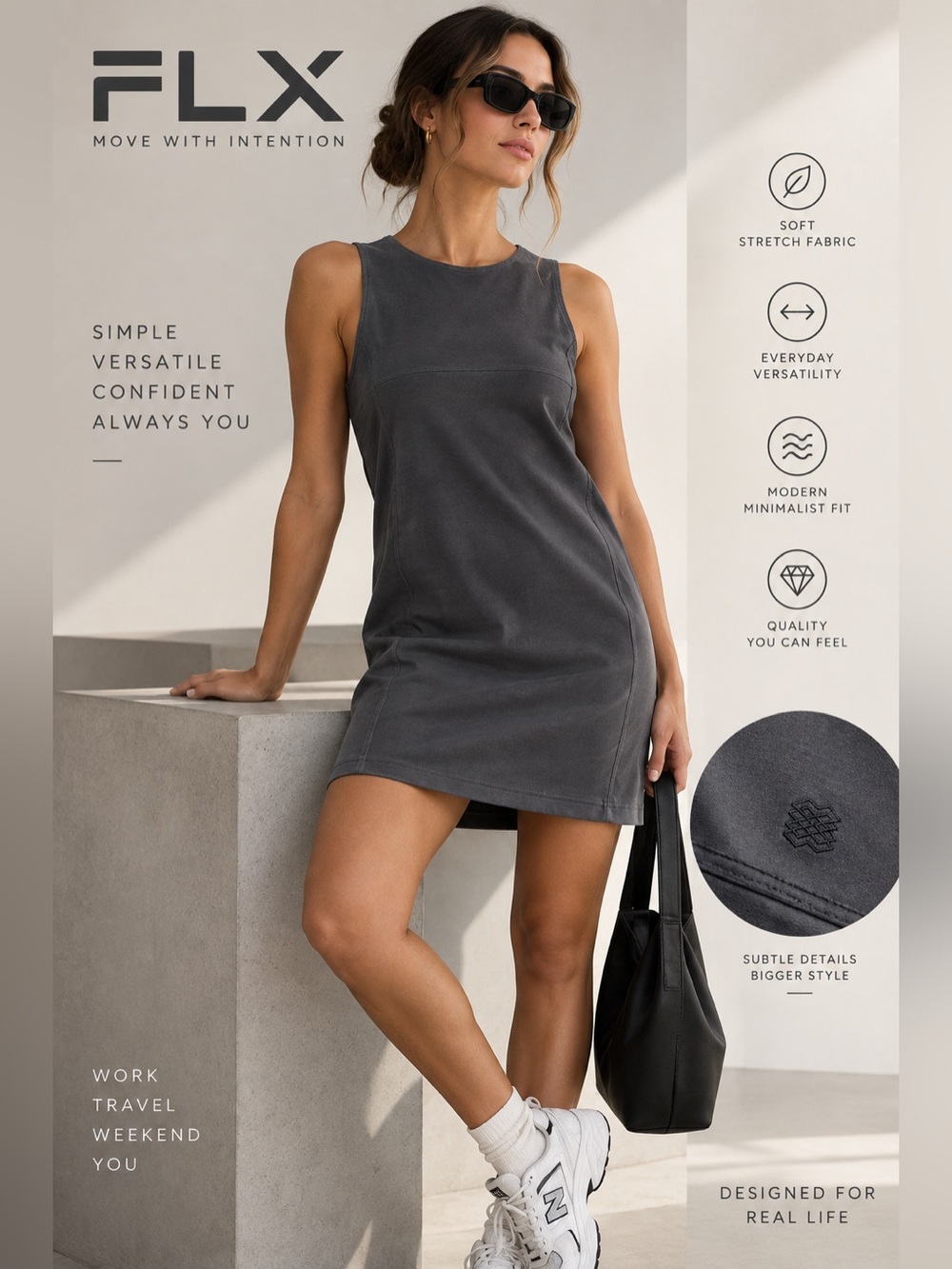 FLX Women’s Sleeveless Shift Dress Size L Charcoal Gray Stretch Minimalist